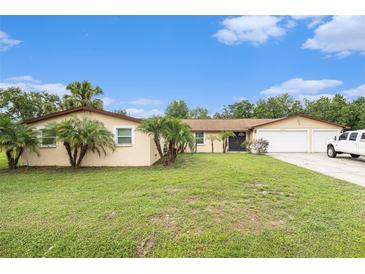 Charming single-story home featuring a two-car garage, well-manicured lawn, and lush tropical landscaping at 9220 Mcintosh Rd, Dover, FL 33527