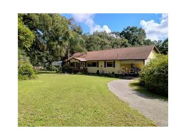 Ranch style home featuring mature trees and landscaping, long driveway and neutral color palette at 7608 Chenkin, Zephyrhills, FL 33540