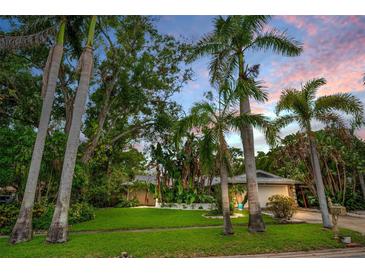 Charming single-story home featuring tropical landscaping and a well-manicured lawn under a picturesque sky at 1151 Lancer Ln, Tarpon Springs, FL 34689