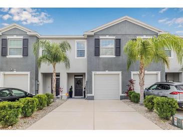 Charming townhome with a well-maintained front yard, lovely palm trees, and a one car garage at 2771 Suncoast Blend Dr, Odessa, FL 33556