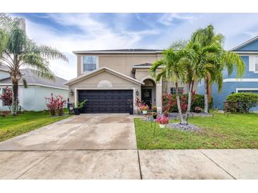 Charming two-story home with a well-maintained lawn and landscaping featuring palm trees and flowering plants at 533 Vista Ridge Dr, Ruskin, FL 33570