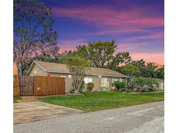 Charming home boasts a well-manicured lawn, mature trees, and a warm, inviting exterior at dusk at 6425 S Adelia Ave, Tampa, FL 33616