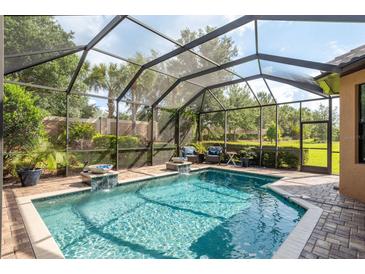 A screened-in pool area offers a relaxing retreat with water features and comfortable seating at 11551 Callisia Dr, Odessa, FL 33556
