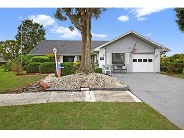 Charming single-story home featuring an attached garage, well-manicured landscaping, and a welcoming front entrance at 205 Wimbly Pl, Sun City Center, FL 33573