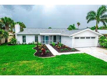 Charming single-story home with freshly landscaped yard, healthy green grass and an attached garage at 913 Spindle Palm Way, Apollo Beach, FL 33572