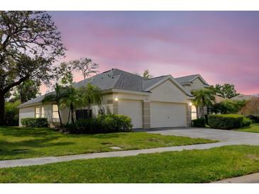 Beautiful single-story home with well-maintained landscaping, a two-car garage, and a welcoming facade at 1852 Longview Ln, Tarpon Springs, FL 34689