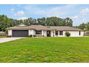 Charming single-story home featuring a lush green lawn, dark garage door, and well-maintained landscaping at 25555 Oaks Blvd, Land O Lakes, FL 34639