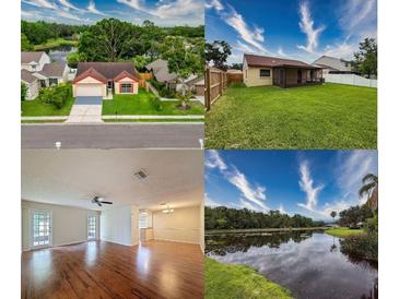 Collage highlighting the home's exterior, backyard, interior living room, and community lake view at 5016 Cypress Trace Dr, Tampa, FL 33624