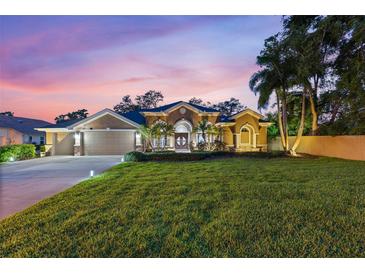 Charming single-story home with a well-manicured lawn, lush landscaping, and inviting double-door entrance at 512 Creekside Ct, Safety Harbor, FL 34695