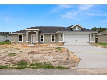 New single-story home featuring a two car garage, modern architectural details, and a well-manicured lawn at 5441 Chestnut Ridge Rd, Dade City, FL 33523