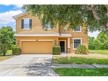 Charming two-story home with a two-car garage, manicured landscaping, and a welcoming front entrance at 12244 Fairlawn Dr, Riverview, FL 33579