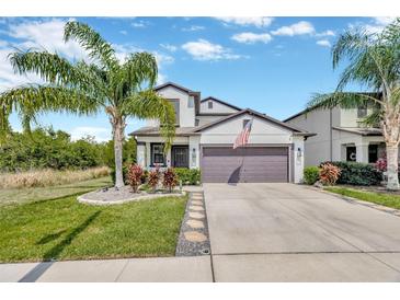 Charming two-story home featuring a well-manicured lawn, palm trees, and a two-car garage at 14716 Crescent Rock Dr, Wimauma, FL 33598