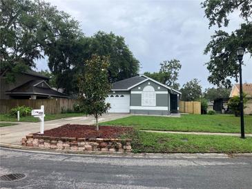 Charming single-story home featuring a well-manicured lawn and mature trees in a tranquil neighborhood setting at 6905 Summer Harbor Ln, Riverview, FL 33578