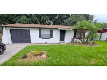 Well-kept single-story home with a dark garage door and lush lawn, featuring a small garden bed at 3513 Danny Bryan Blvd, Tampa, FL 33619