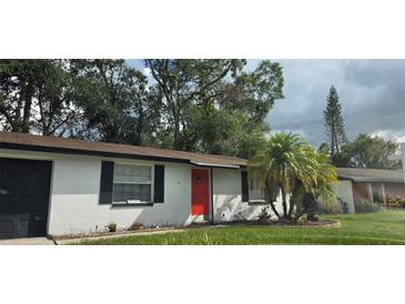 Charming single story home features a bright red front door and a neatly maintained lawn at 3513 Danny Bryan Blvd, Tampa, FL 33619