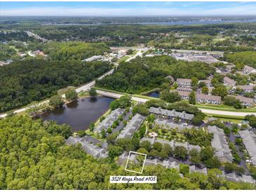 Beautiful aerial view of the neighborhood, pond, and lush landscaping at 3521 Kings Road #105 at 3521 Kings Rd # 105, Palm Harbor, FL 34685