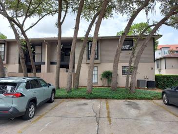 Two-story condo complex featuring beige siding and black trim, framed by mature trees and green ground cover at 4111 Ashford Green Pl # B203, Tampa, FL 33613