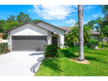 Charming single-story home featuring a well-manicured lawn, mature landscaping and an attached two-car garage at 16106 Worlington Pl, Odessa, FL 33556