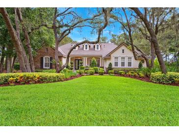 Charming single-story home with well-manicured lawn, lush landscaping, and mature trees at 17802 Mission Oak Dr, Lithia, FL 33547
