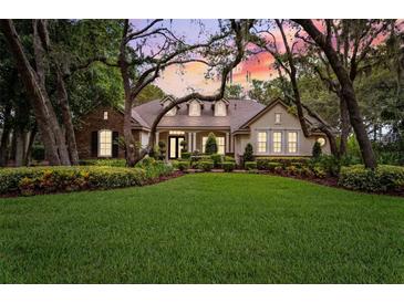 Charming single-story home with well-manicured lawn, lush landscaping, and mature trees at 17802 Mission Oak Dr, Lithia, FL 33547