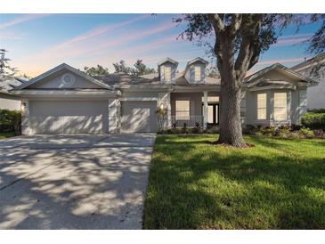 Charming single-story home features a three-car garage and well-manicured lawn at 10244 Shadow Branch Dr, Tampa, FL 33647