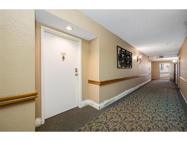 Hallway view with carpet and decor details in this residential space at 2333 Feather Sound Dr # A107, Clearwater, FL 33762
