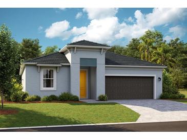 Charming single-story home featuring a gray exterior, well-manicured lawn, and a bright yellow front door at 9938 Surrey Rose Dr, San Antonio, FL 33576