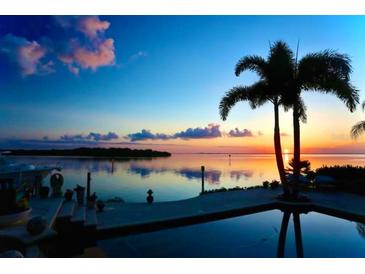 Stunning sunset view of pool with palm trees and bay reflecting blue and orange sky colors at 2279 Mermaid Ne Pt, St Petersburg, FL 33703