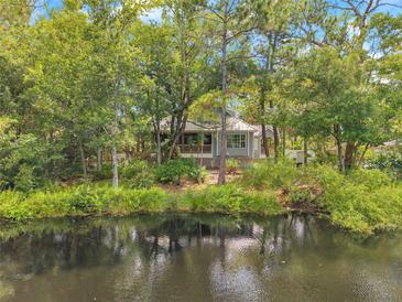 Charming home exterior with a beautiful lake view surrounded by lush greenery and trees at 18324 Jorene Rd, Odessa, FL 33556
