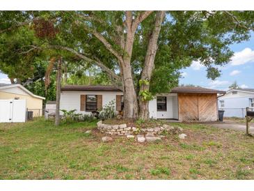 Charming single-story home featuring wood shutters and a stone-ringed tree in a lush front yard at 4650 87Th N Ter, Pinellas Park, FL 33782