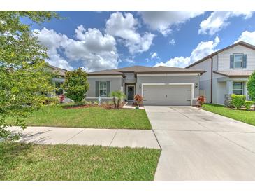 Charming single-story home featuring a well-manicured lawn and a welcoming two-car garage at 10308 Malvasia Ave, Riverview, FL 33578