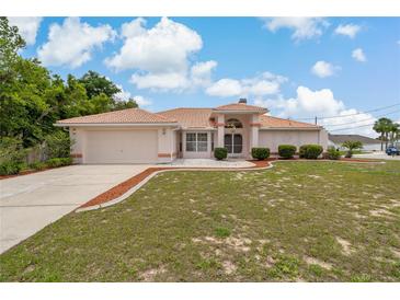 Charming single-story home featuring a tile roof, well-manicured lawn and mature landscaping at 11411 Terrell, Spring Hill, FL 34606