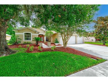 Well-manicured lawn and landscaped front yard leading to a charming home with a three-car garage at 1610 Stetson Dr, Wesley Chapel, FL 33543