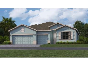Charming single-story home featuring a two-car garage, light blue paint, and well-manicured lawn at 3404 Night Star Ter, Parrish, FL 34219