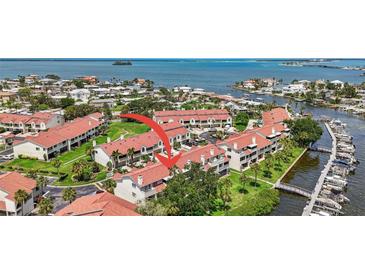 Breathtaking aerial view of a waterfront community, lush landscaping, and boat docks, offering a serene coastal lifestyle at 2363 Hanover Dr, Dunedin, FL 34698