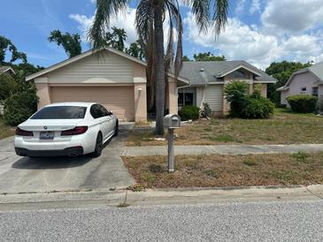 Charming single-story home with attached garage, a mature palm tree, and a modern vehicle parked in the driveway at 8635 Braxton Dr, Hudson, FL 34667