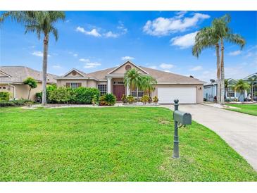 Charming single-story home featuring a lush green lawn, palm trees, and a welcoming front entrance at 8521 30Th E St, Parrish, FL 34219