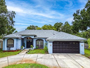 Charming blue home featuring a well-manicured lawn and a two-car garage at 22946 Brownwood Ct, Land O Lakes, FL 34639