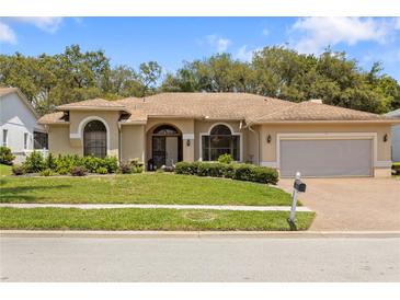 Charming single-story home featuring a well-manicured lawn, arched windows and a brick-paved driveway at 14228 Teasdale Ave, Hudson, FL 34667