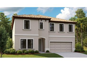 Two-story home with an attached two-car garage, neutral stucco, tile roof, and manicured front yard at 14724 Summer Branch Dr, Lithia, FL 33547