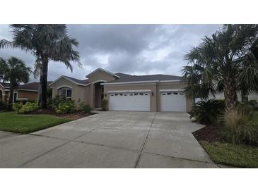 Charming home featuring a spacious three-car garage, lush landscaping, and a well-maintained lawn at 11341 Durham St, Parrish, FL 34219