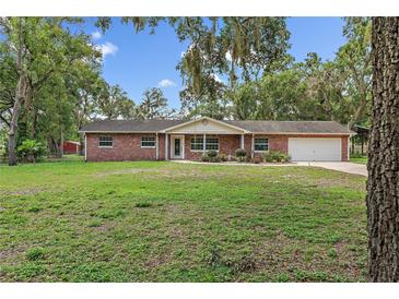 Charming single-story brick home with a well-manicured lawn and mature trees offering shade and curb appeal at 11029 Clay Pit Rd, Tampa, FL 33610