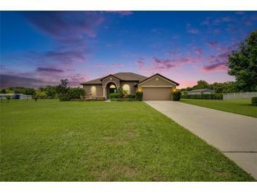 Charming home with a well-manicured lawn, fountain and a two-car garage at sunset at 3411 Knoxville Pl, Plant City, FL 33566