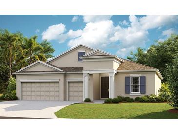 Charming single-story home featuring a two-car garage, neutral stucco, dark wood door, and manicured front lawn at 5288 Wolf Creek Dr, Apollo Beach, FL 33572