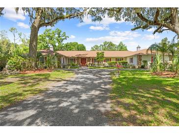 Spacious home with mature trees, charming front entrance, and long driveway leading to the home at 10193 Wallien Dr, Brooksville, FL 34601