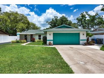 Charming single-story home featuring a lush lawn, attached two-car garage and neatly manicured landscaping at 17824 Morninghigh Dr, Lutz, FL 33549