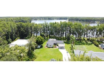 An aerial view of a home with a lush lawn surrounded by trees and views of the adjacent lake at 19209 Crooked Ln, Lutz, FL 33548