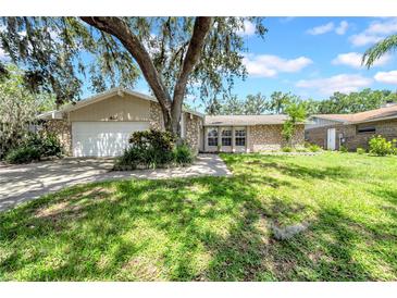 Charming single-story home with a stone facade, lush green lawn, mature tree, and a two-car garage at 3641 Coppertree Cir, Brandon, FL 33511