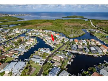 Stunning aerial view of waterfront homes with docks and boats in a beautiful coastal community at 6340 Garland Ct, New Port Richey, FL 34652