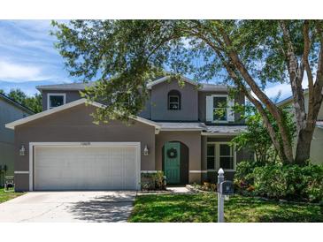 Charming two-story home features a well-maintained front yard and a welcoming turquoise front door at 10605 Marsanne Pl, Riverview, FL 33578